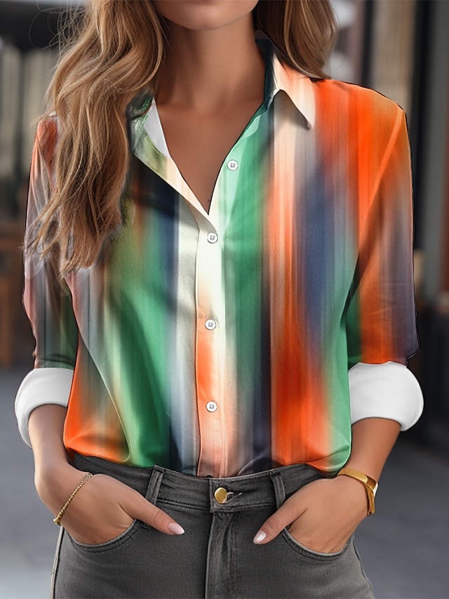  Camicia da donna Moda Color Block Bottoni Stampa Maniche Lunghe Top Regolari Collo Camicia Casual Rossa Blu Reale Blu Verde Primavera  Autunno