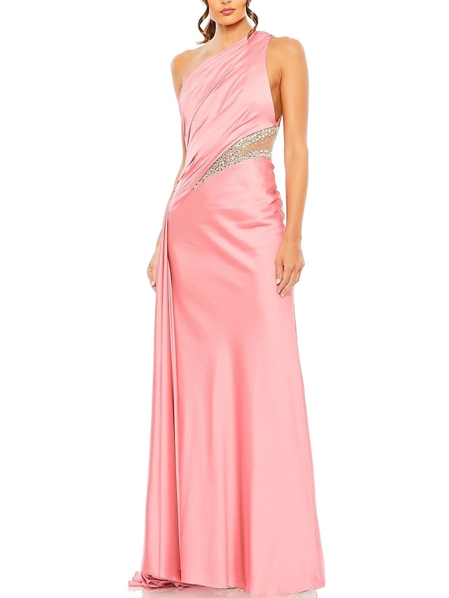  A-Line Evening Gown Elegant Dress Formal Floor Length Sleeveless One Shoulder Satin with Glitter Ruched Sequin 2024
