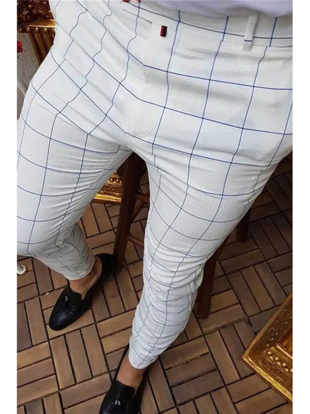  Hombre pantalones de traje Pantalones Chinos Botón Bolsillo Plaid Comodidad Formal Fiesta Trabajo Moda Estilo clásico Blanco Microelástico