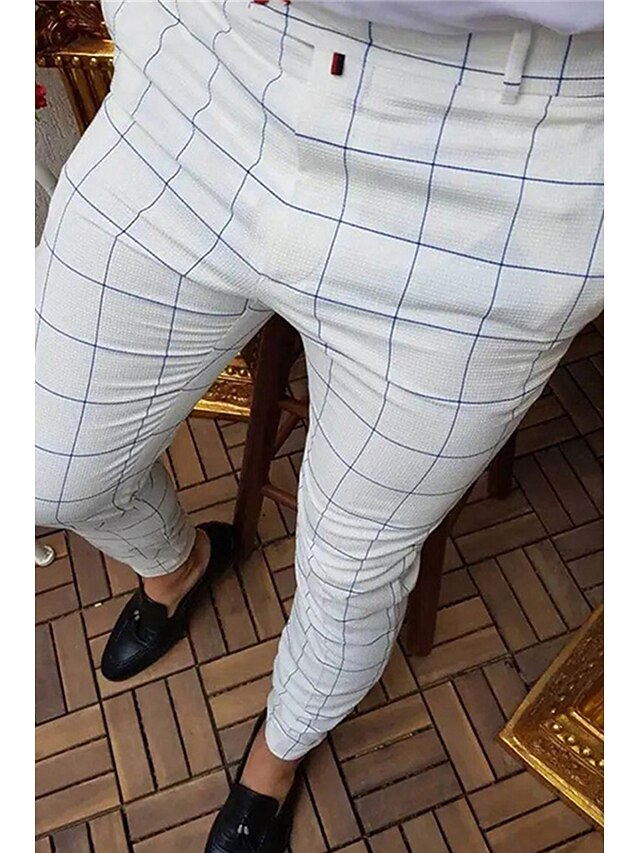 Men's Dress Pants Trousers Chinos Buttons Pocket Plaid Comfort Formal Party Work Fashion Classic Style White Micro-elastic2