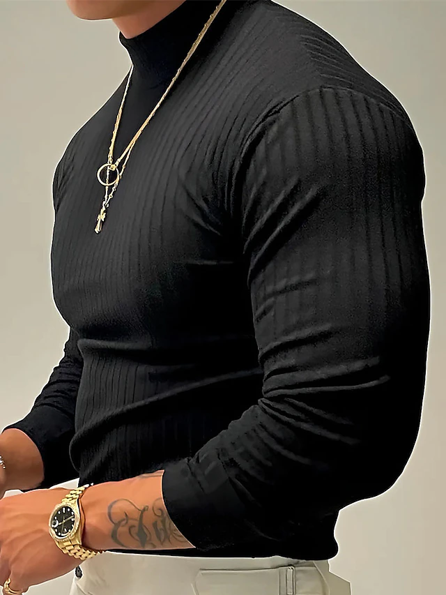 Men's T Shirt Knit Tee Tee Top Long Sleeve Shirt Long Sleeve Turtleneck Spring & Fall Plain Pit Strip Fashion Designer Basic Vacation Street Going out Black White Gray Top Tee for Men 7