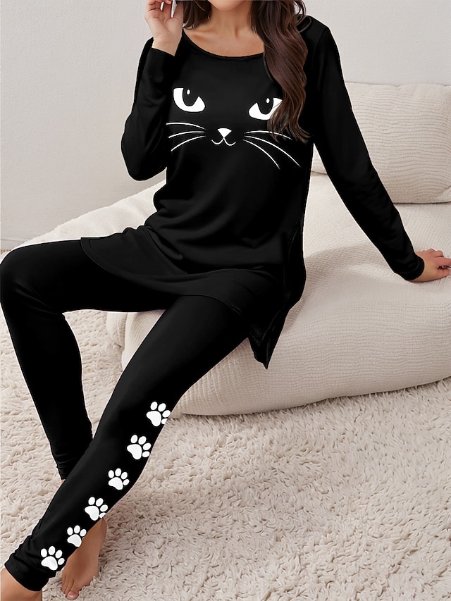  Damen T Shirt Hosen-Sets Katze Outdoor Casual Bedruckt Schwarz Langarm Sport Täglich Rundhalsausschnitt Frühling & Herbst