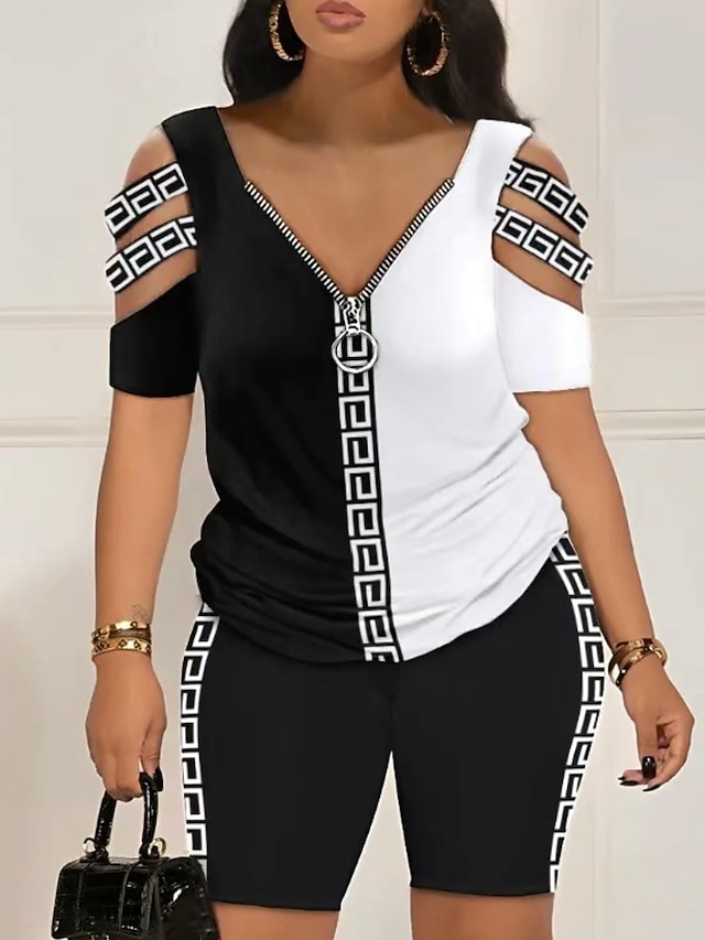  Жен. Рубашка Комплекты шорт Графика На каждый день Молния Аппликация Черный С короткими рукавами Мода V-образный вырез Лето
