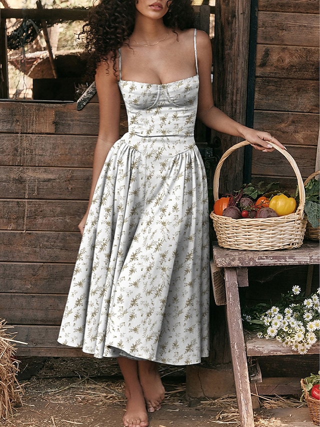 Women's Party Dress Cocktail Dress Wedding Guest Dress Ruched Backless Spaghetti Strap Sleeveless Floral Midi Dress Wedding Guest Cocktail Party Elegant Red Blue Summer Spring4