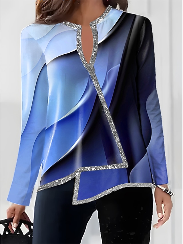  Pentru femei Cămașă Bluză Gradient de culoare Imprimeu Tiv Asimetric Casual Modă Manșon Lung În V Roz Îmbujorat Toamna iarna