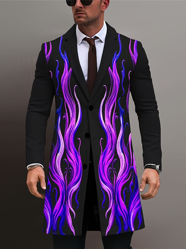  Homme Flamme Manteau d'hiver Manteau Chaud Respirable Confortable Entreprise Abstrait Travail Sortie Poche Imprimer Automne hiver Col rabattu manche longue Bleu Violet Orange
