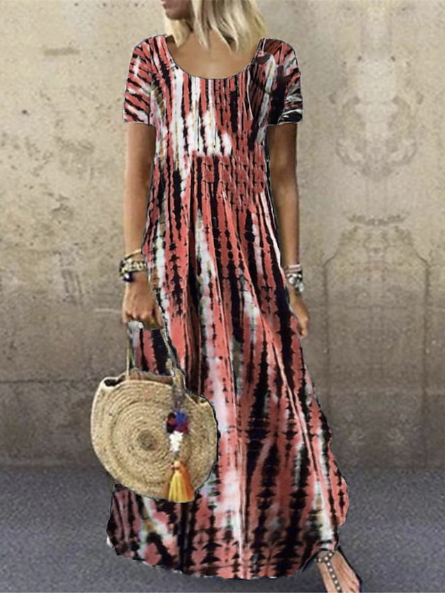  Γυναικεία Καθημερινό φόρεμα Στάμπα Στρογγυλή Ψηλή Λαιμόκοψη Μακρύ Φόρεμα Μάξι Φόρεμα Βοημία Μπόχο Διακοπές Κοντομάνικο Καλοκαίρι