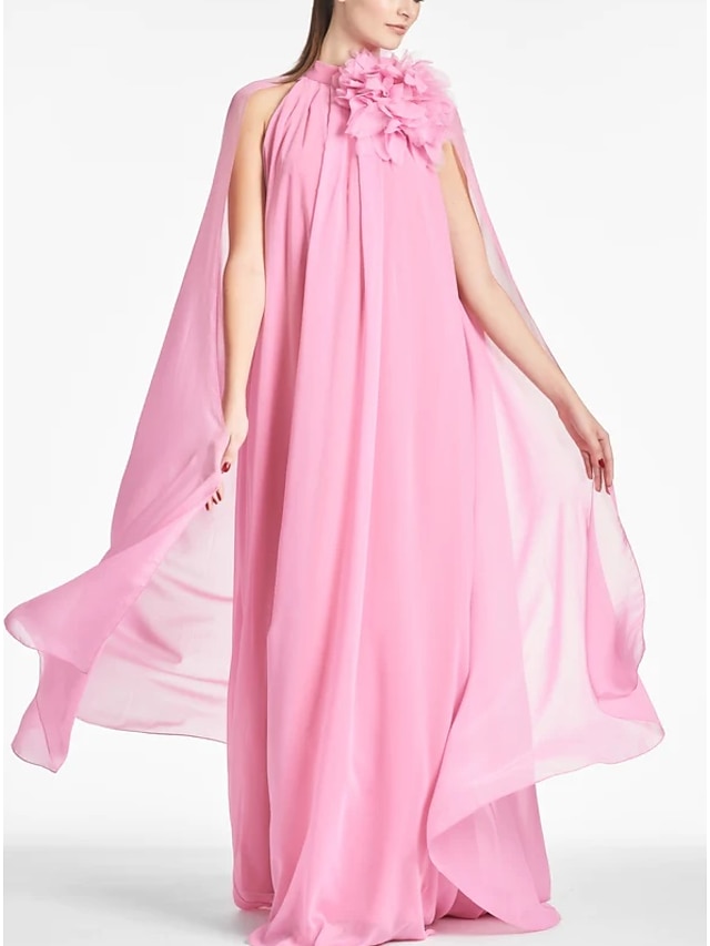  A-Line Evening Gown Elegant Dress Formal Prom Floor Length Sleeveless Jewel Neck Chiffon with Shouder Flower 2024