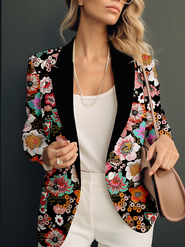  Women's Blazer Office Print Flower Breathable Fashion Regular Fit Outerwear Long Sleeve Spring Black S