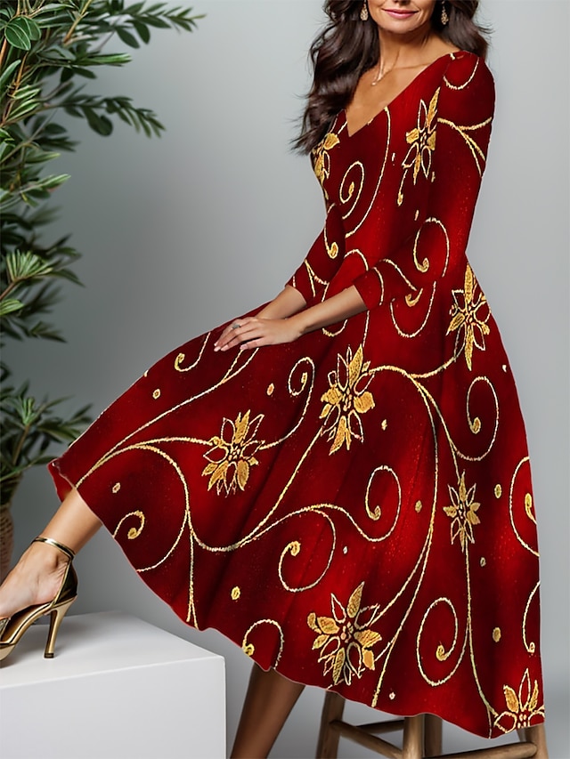  Neujahr Damen Midi Kleid A-Linien Kleid Winter Kleid Swing Kleid Semi-Formal Kleid Mode Streetwear Modern Formal Outdoor Party Reguläre Passform Floral Schneeflocke 3/4 Länge Ärmel V-Ausschnitt