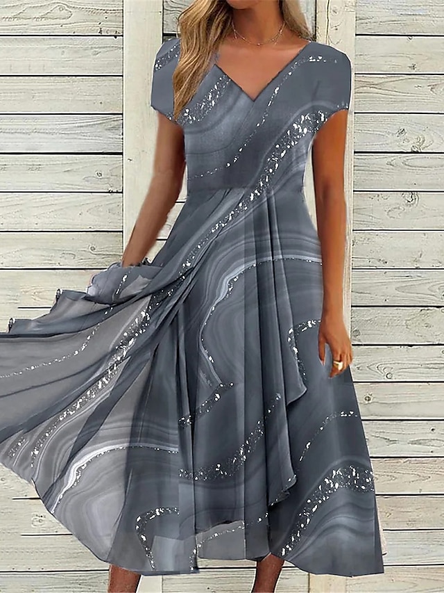  Dame Chiffon Uformell kjole Kjole med A-linje Nyanse Marmortrykk Drapering Trykt mønster V-hals Midikjole Feriereise Kortermet Sommer