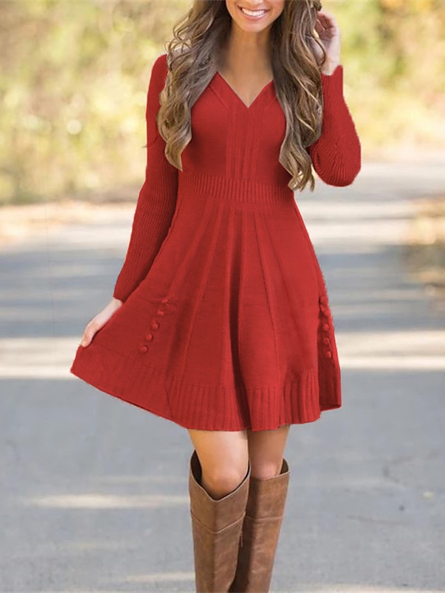 vestido suéter feminino vestido de inverno vestido preto preto vermelho marrom manga longa cor pura malha inverno outono decote em v elegante moderno 2023 s m l xl 2xl