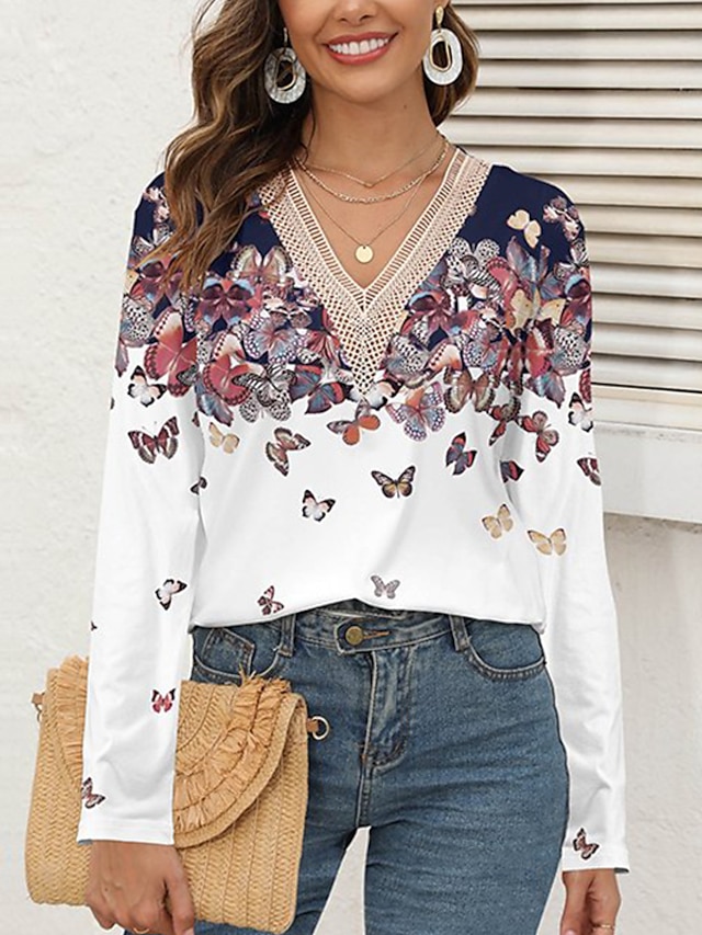  Women's Lace Shirt T shirt Tee Butterfly Print Lace Trims Casual Holiday Fashion Long Sleeve V Neck White Spring &  Fall