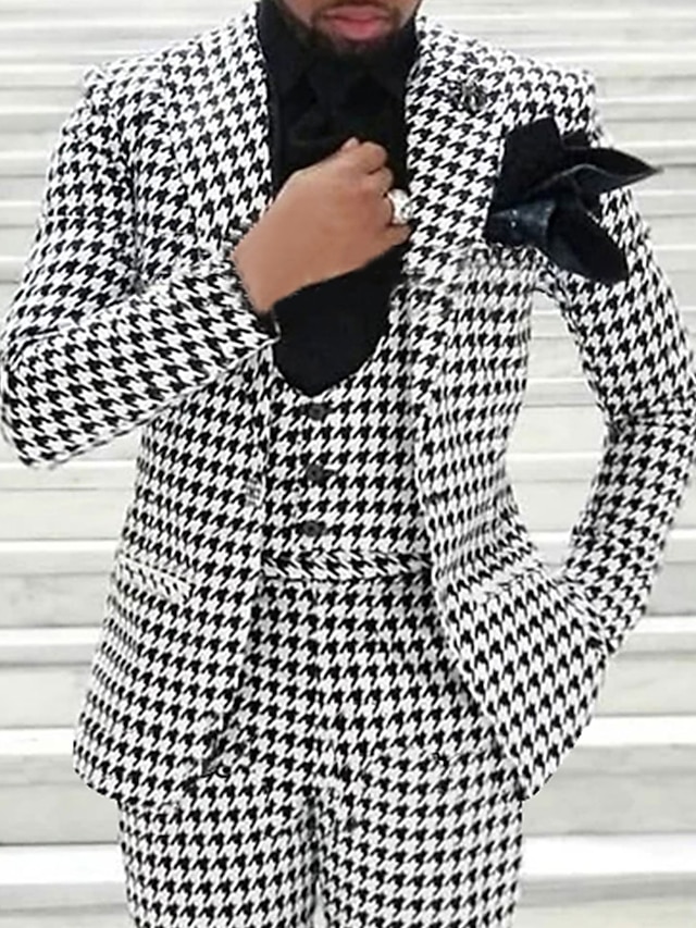  svart hvit balldress for menn tweed houndstooth bryllupsdress rutete rutete tykk 3-delt moteforretning formell skreddersydd passform enkelsnappet enknappsjakke+vest+bukser