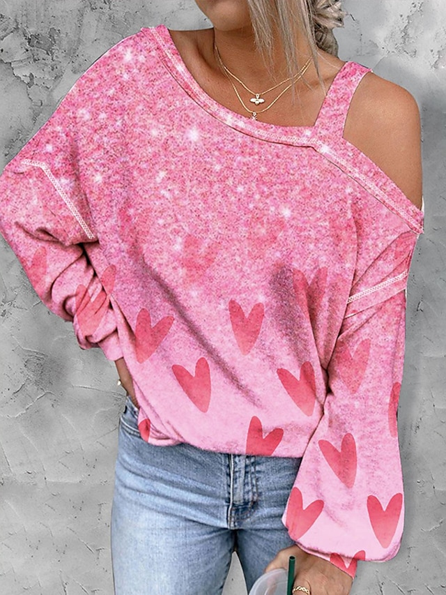  Pentru femei Cămașă Bluză Inimă Imprimeu Casual Ieșire Modă Manșon Lung Pe Umăr Roz Îmbujorat Primăvara & toamnă