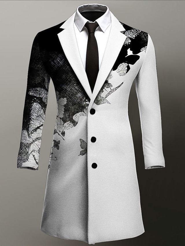  Men's Butterfly Winter Coat Overcoat Coat Warm Breathable Comfortable Business Work Wear to work Going out Pocket Print Fall & Winter Turndown Long Sleeve Black Purple Green