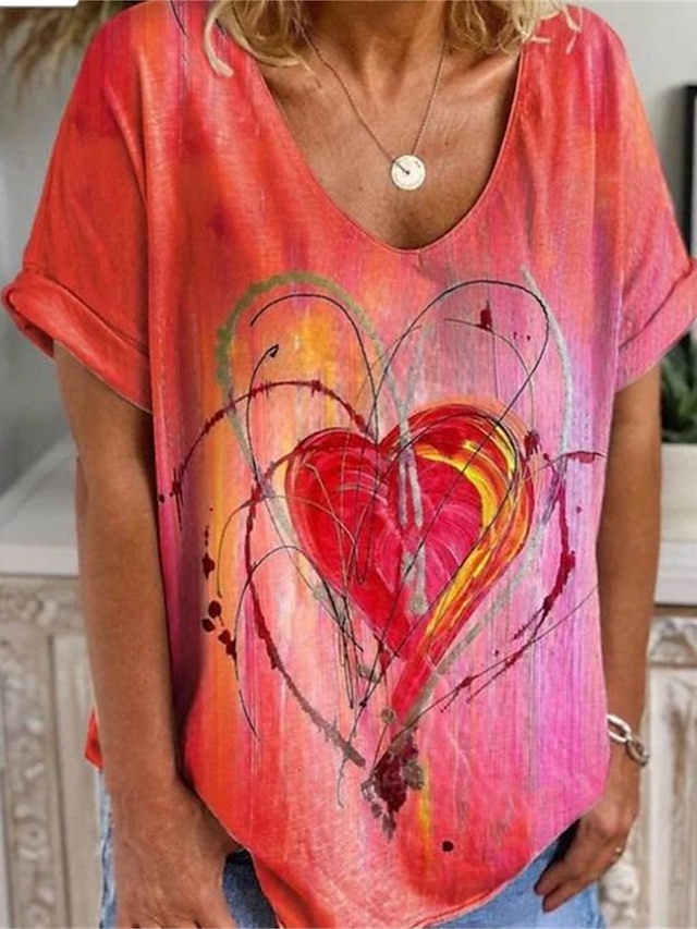 Damen T Shirt Herz Valentinstag Wochenende Bedruckt Rote Langarm Modisch V Ausschnitt Frühling & Herbst