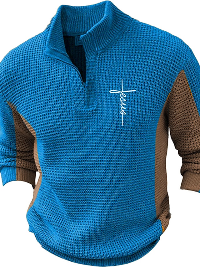  Faith Retro Vintage Men's Print Zipper Knitting Pullover Sweater Jumper Zip Sweater Polo Sweater Outdoor Daily Vacation Long Sleeve Stand Collar Sweaters Blue Sky Blue Brown Fall Winter S M L Sweaters