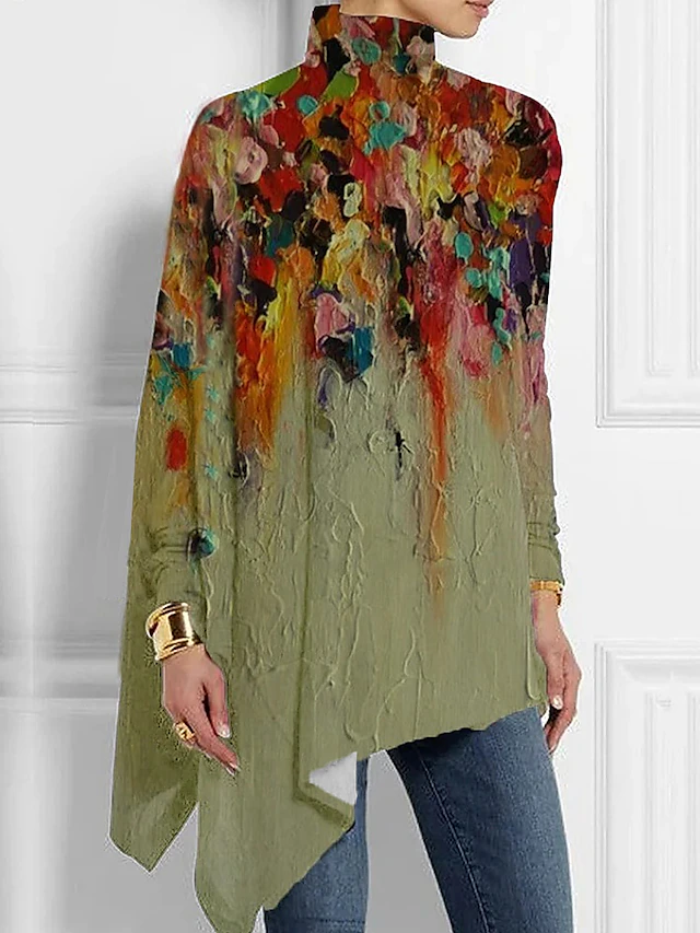 Women's T shirt Long Sleeve Fashion Floral Print Asymmetric Hem Long Sleeve Long Tops High Neck Casual Holiday Blue Green Gray Spring & Fall Prefall4