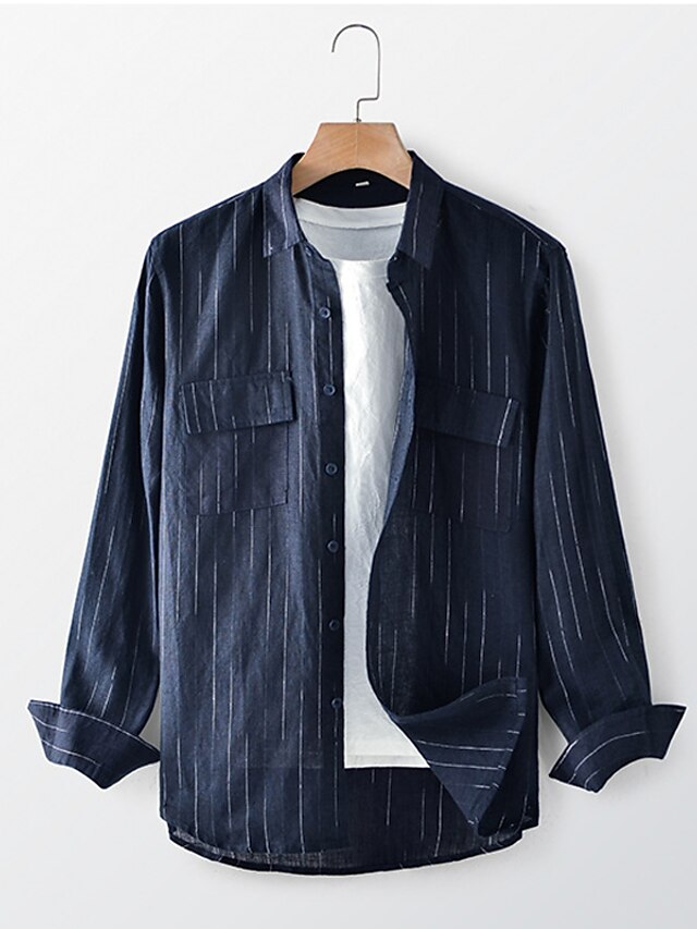  100% Linned Lomme Herre Skjorte linned skjorte Button Up skjorte Sort Navyblå Langærmet Vanlig Knaphul Forår & Vinter udendørs Ferierejse Tøj