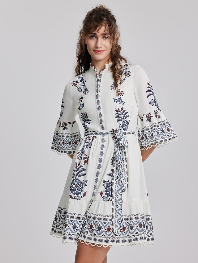  rochie lejeră florală geometrică cu șireturi