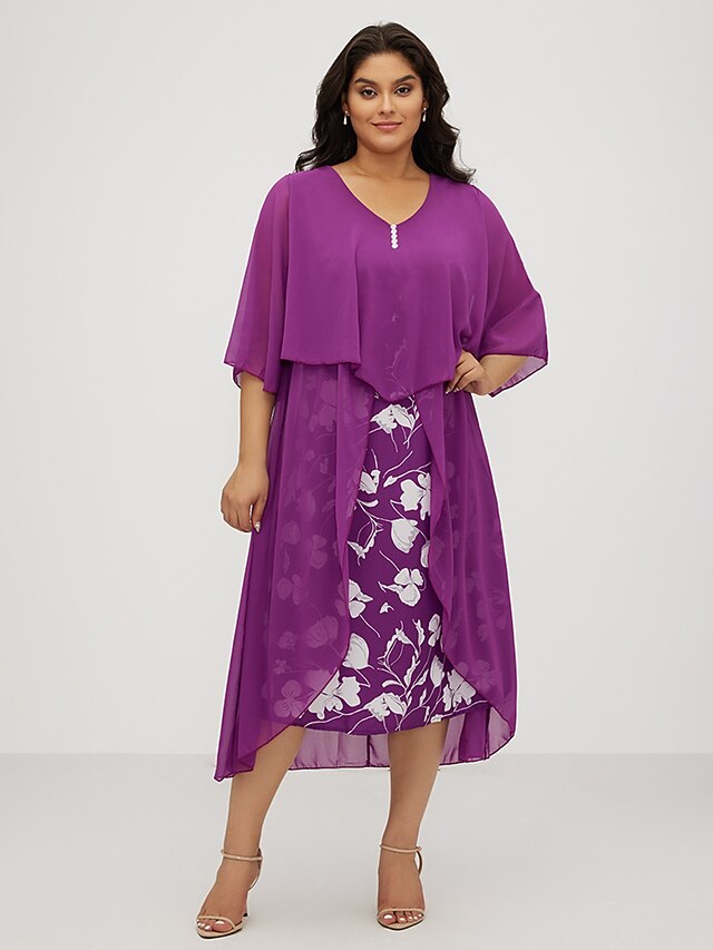 Women‘s Plus Size Curve Work Dress Floral V Neck Ruched 3/4 Length