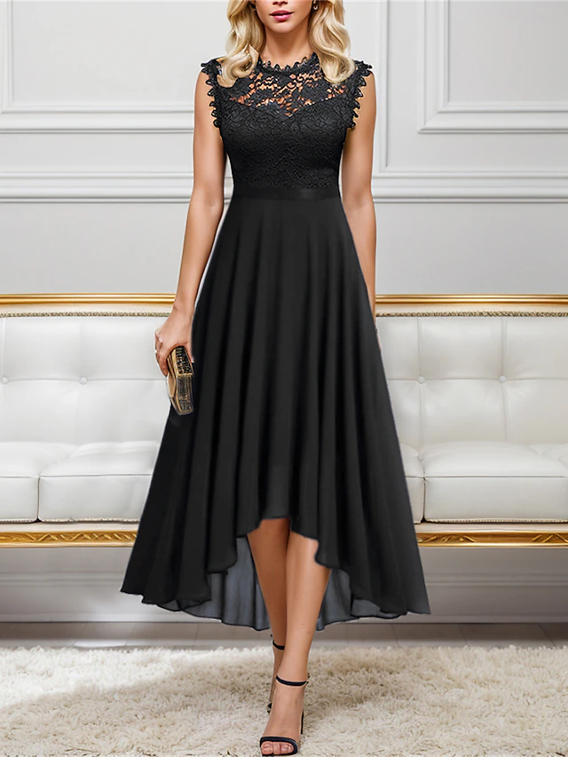 Women's Black Dress Lace Dress Party Dress Chiffon Lace Ruched Crew Neck Sleeveless Midi Dress Winter Dress Wedding Guest Black Pink Summer Spring 10