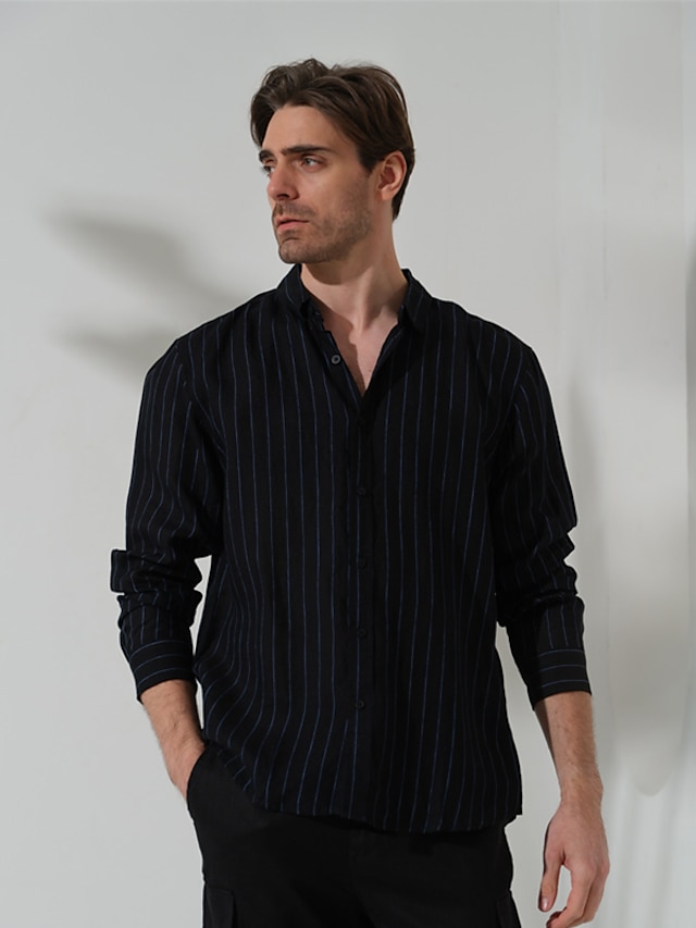  リネン100％ 男性用 シャツ リネンシャツ ボタンアップシャツ ブラック ネイビーブルー 長袖 縞柄 ラペル 春 & 秋 アウトドア 日常 衣類