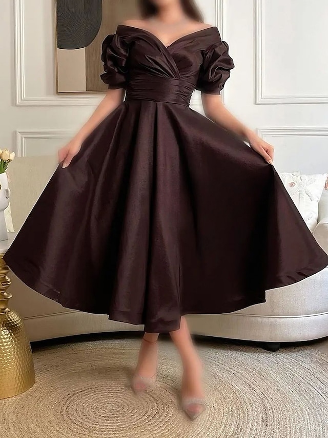  A-Line Cocktail Dresses Elegant Dress Formal Prom Tea Length Short Sleeve Sweetheart Satin with Ruched 2024