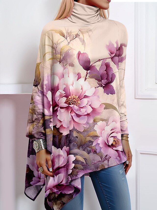 Women's T Shirt Fashion Floral Print Asymmetric Hem Long Sleeve Regular Tops High Neck Casual Holiday Pink Blue Green Khaki Spring & Fall 5