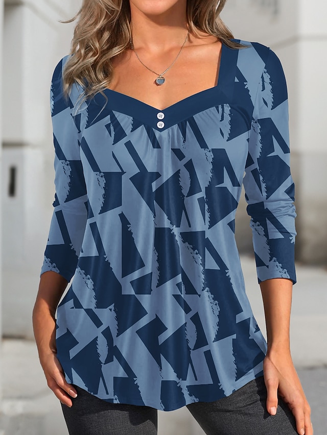  Femme T shirt Tee Géométrique Bouton Imprimer Casual Mode manche longue Col Carré Rose Claire Printemps & Automne