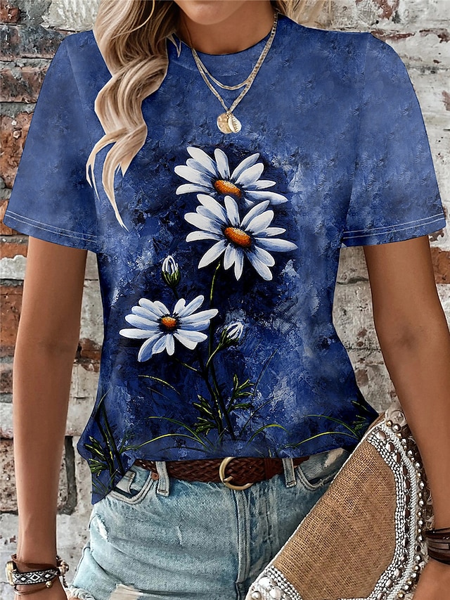  Damen T Shirt Blumen Täglich Wochenende Bedruckt Blau Kurzarm Modisch Rundhalsausschnitt Sommer