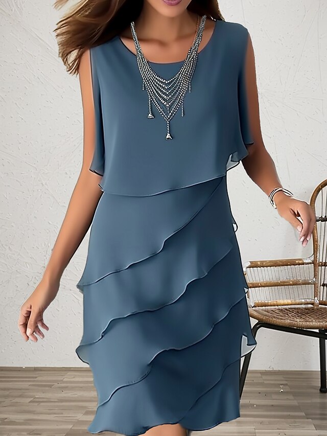 Women's Wedding Guest Cocktail Dress Elegant Chiffon Party Dress Midi Dress Blue Sleeveless Pure Color Ruffle Summer Spring Fall Crew Neck Fashion Summer Dress 5