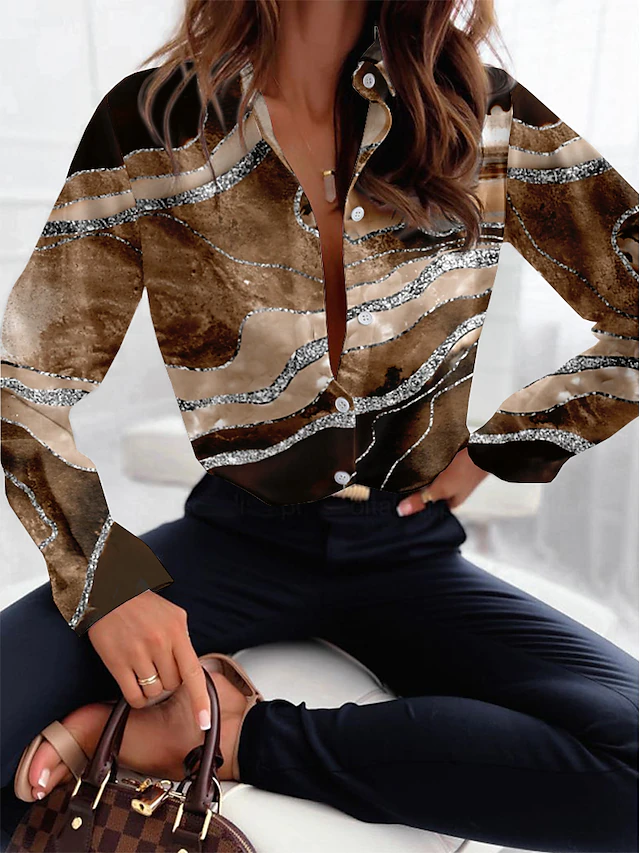 Women's Shirt Button Down Tunic Shirt Collar Long Sleeve Fashion Abstract s Print Regular Tops Casual Pink Blue Brown Green Gray Spring & Fall 6