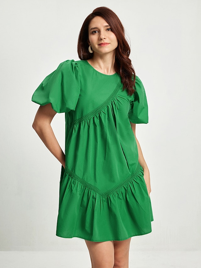  Cotton Bubble Sleeved Short Loose Fitting Dress