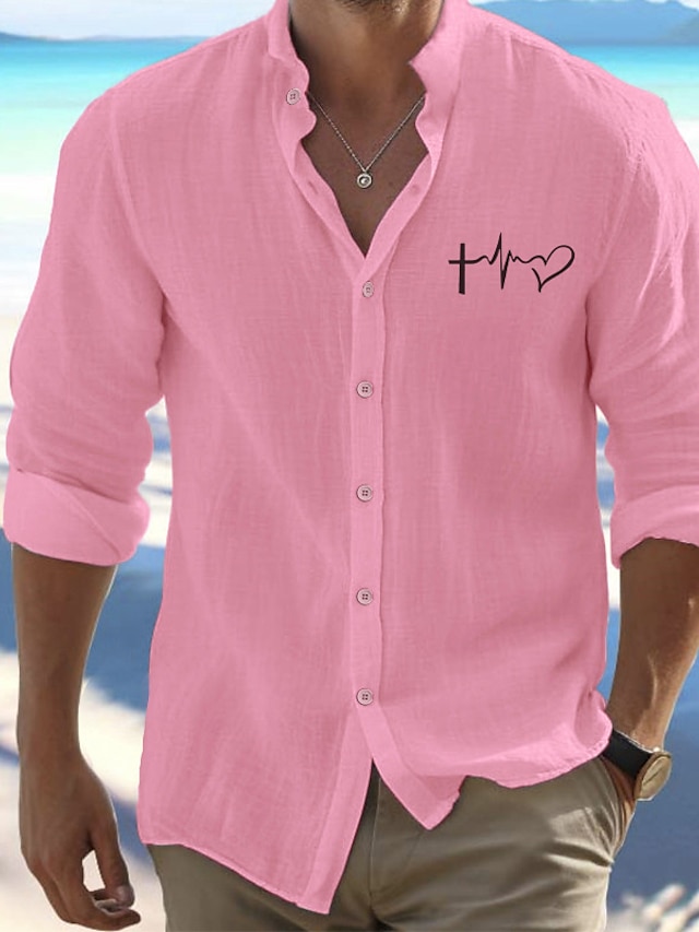  Homme Mélange de Lin & Coton Chemise Chemise Lin Chemise boutonnée La Saint-Valentin Imprimer manche longue Col Mao Noir, Blanche, Rose Claire Chemise Extérieur Usage quotidien Vacances