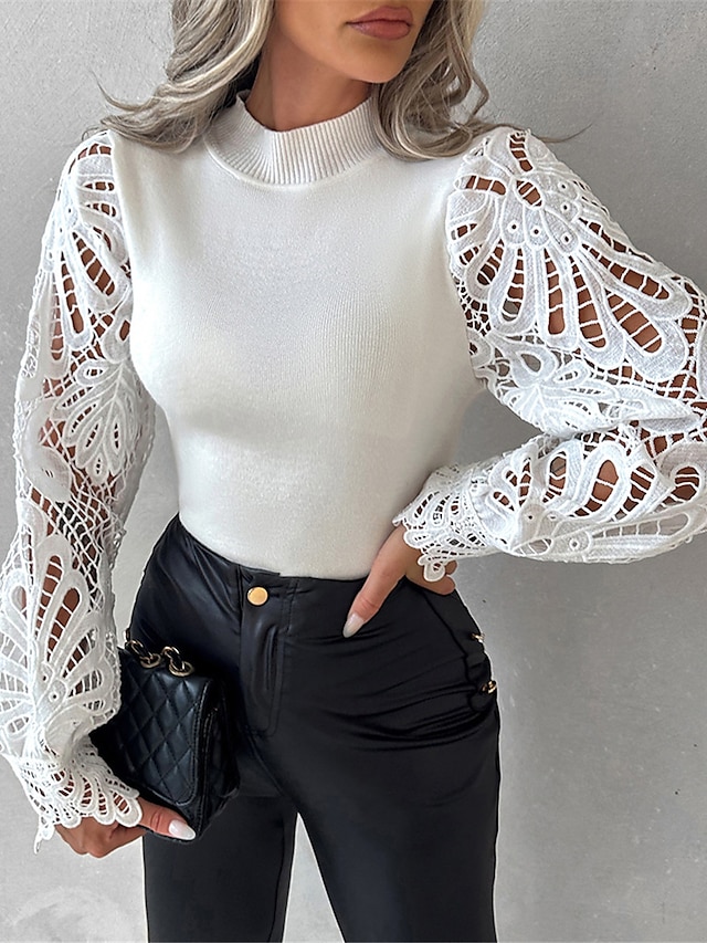  Boho Shirt Lace Shirt Blouse Eyelet top Women's White Plain Lace Patchwork Going out Fashion Streetwear Standing Collar Regular Fit S