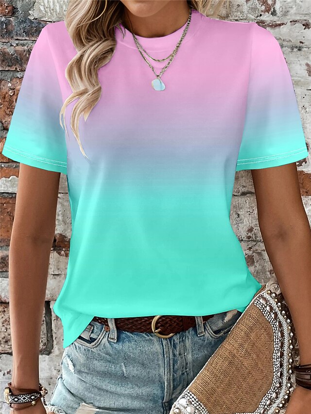 Women's T Shirt Ombre Color Gradient Fashion Short Sleeve Round Neck Regular Tops Vacation Daily Going out Print Yellow Blue Orange Light Blue Summer 7