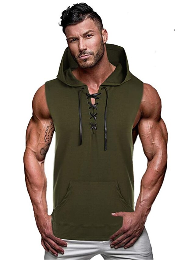 Men's Tank Top Vest Top Undershirt Gym Muscle Tee Sleeveless Hooded Summer Plain Vintage Designer Muscle Drawstring Outdoor Going out Gym Green Gray Top Tee for Men4
