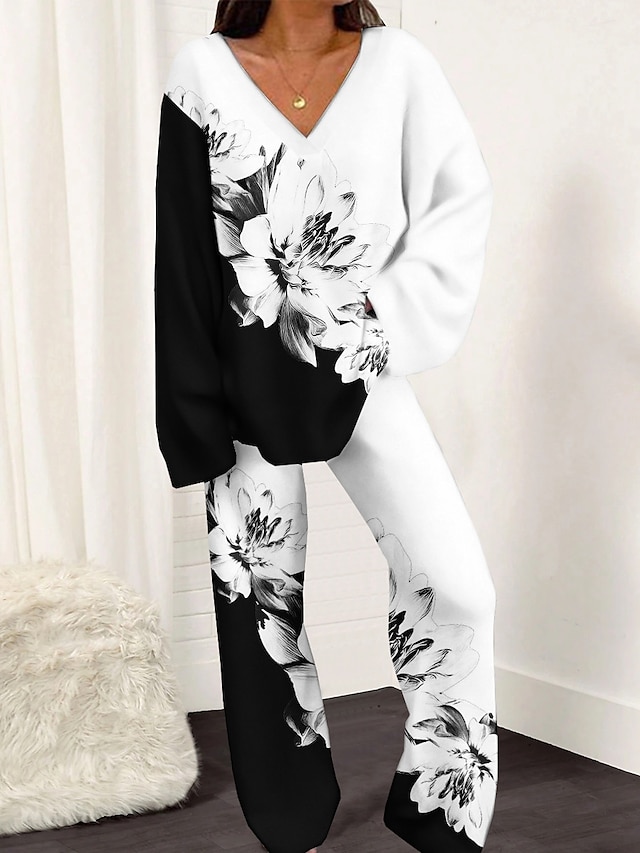  Women's Pajamas Sets Geometic Flower Fashion Soft Home Daily Bed Polyester Breathable V Wire Long Sleeve Pant Spring Black White