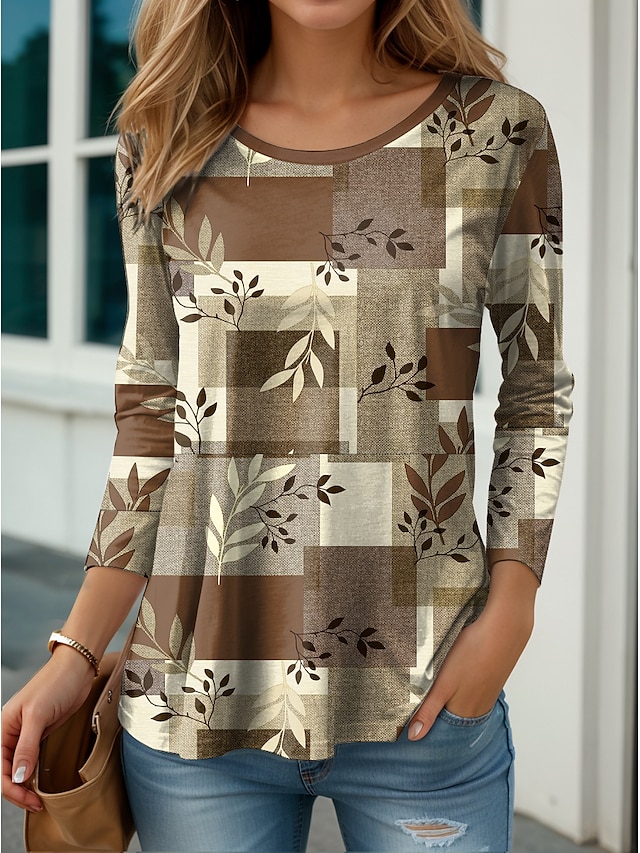  Women's T shirt Tee Leaf Print Holiday Weekend Fashion Long Sleeve Round Neck Red Spring &  Fall
