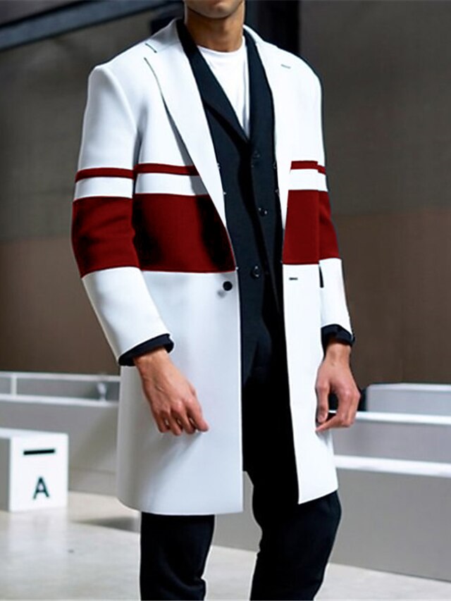  Herre Stribe Vinter jakke Overfrakke Frakke Hold Varm Bekvem Åndbart Mode Gade Forretning Arbejde Arbejdstøj I-byen-tøj Lomme Trykt mønster Efterår vinter Aftæpning Langærmet Hvid Rød Blå
