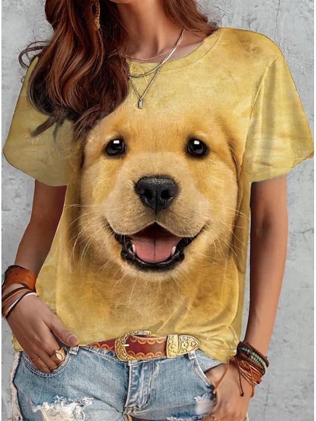  Women's T Shirt Fashion Funny Dog Print Short Sleeve Regular Tops Round Neck Daily Weekend White Yellow Blue Brown Gray Spring & Summer