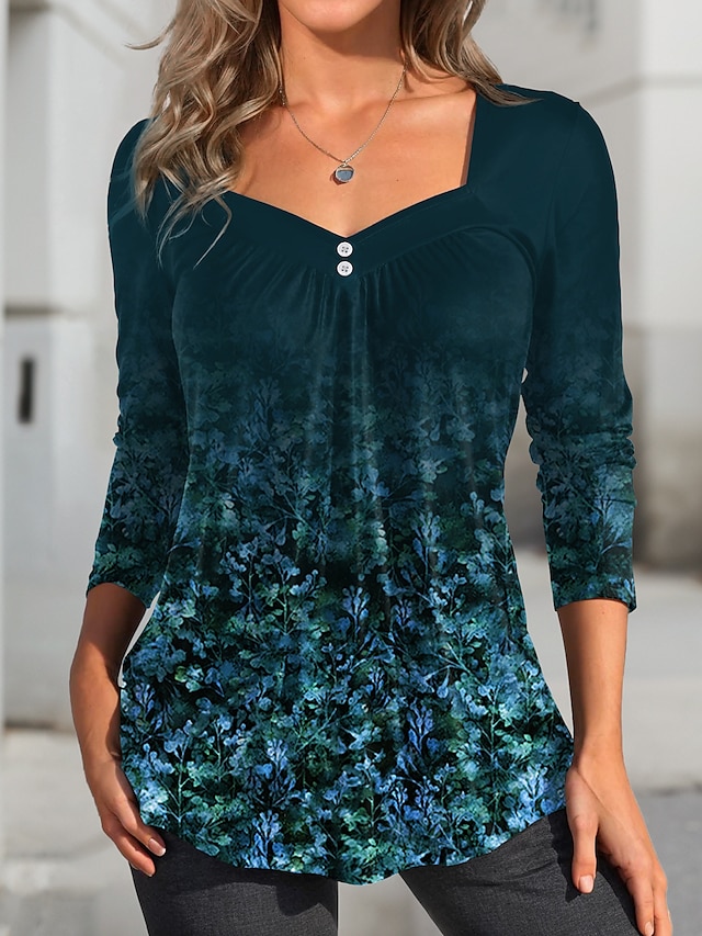  Femme T shirt Tee Floral Casual Vacances Bouton Imprimer Bleu manche longue Mode Col Carré Printemps & Automne