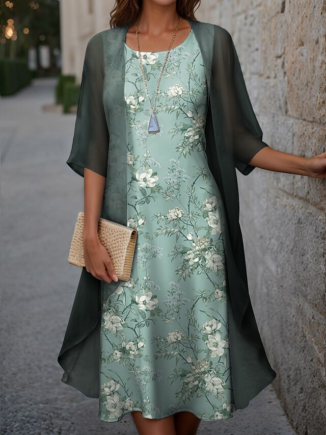 Women's Graduation Dress Midi Dress Two Piece Dress Set Casual Dress Chiffon Dress Print Dress Fashion Modern Floral Print Half Sleeve Crew Neck Outdoor Holiday Pink Blue Green Spring Loose Fit4