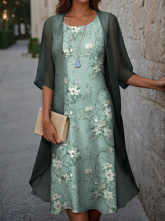 Women's Graduation Dress Midi Dress Two Piece Dress Set Casual Dress Chiffon Dress Print Dress Fashion Modern Floral Print Half Sleeve Crew Neck Outdoor Holiday Pink Blue Green Spring Loose Fit4
