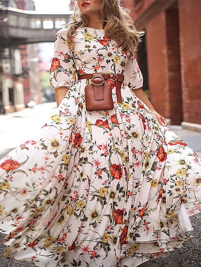  نسائي شيفون ورد طباعة رقبة عالية مدورة فستان طويل ماكسي بوهيميا عطلة الصيف الربيع