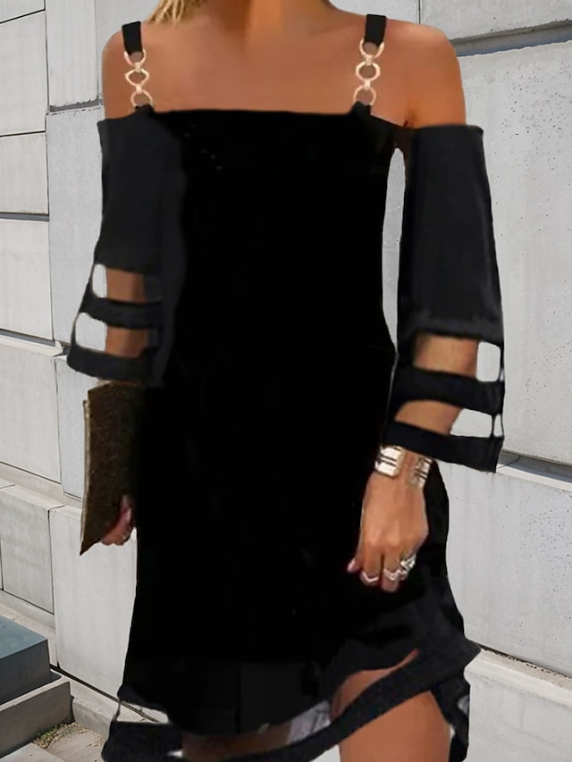  Femme robe noire Maille Patchwork Bretelles Fines Mini robe basique Sexy Anniversaire Rendez-vous Manches 3/4 Eté Printemps