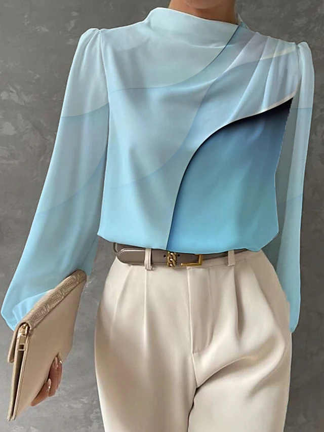 Women's Blouse Long Sleeve Fashion Print Regular Tops Round Neck Work Pink Blue Purple Green Spring & Fall 5