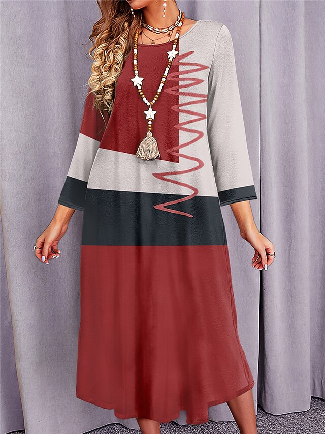 Women's Casual Dress Winter Dress Geometric Color Block Print Crew Neck